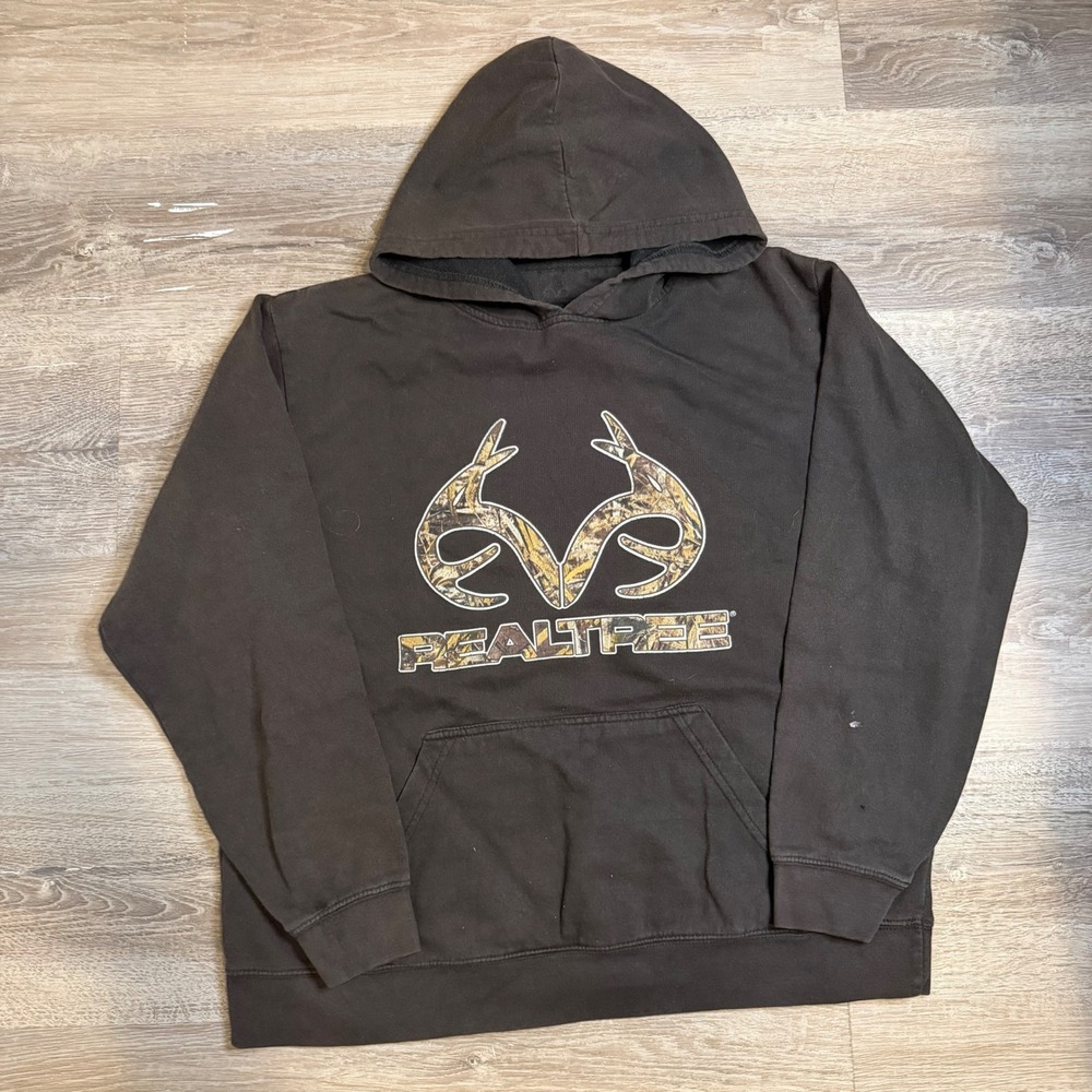 Realtree Hoodie Mens Large Black Camo Antler Logo Graphic Pullover Sweatshirt